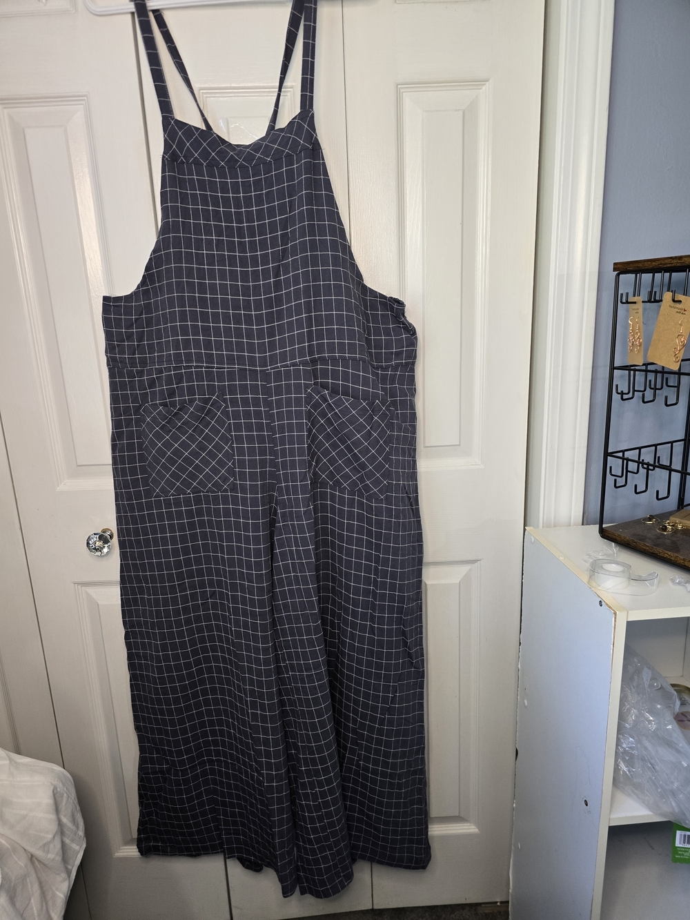 NWT 2Easel Navy Wide-Leg Pants with White Windowpane Grid
